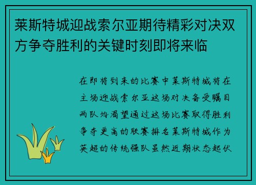 莱斯特城迎战索尔亚期待精彩对决双方争夺胜利的关键时刻即将来临
